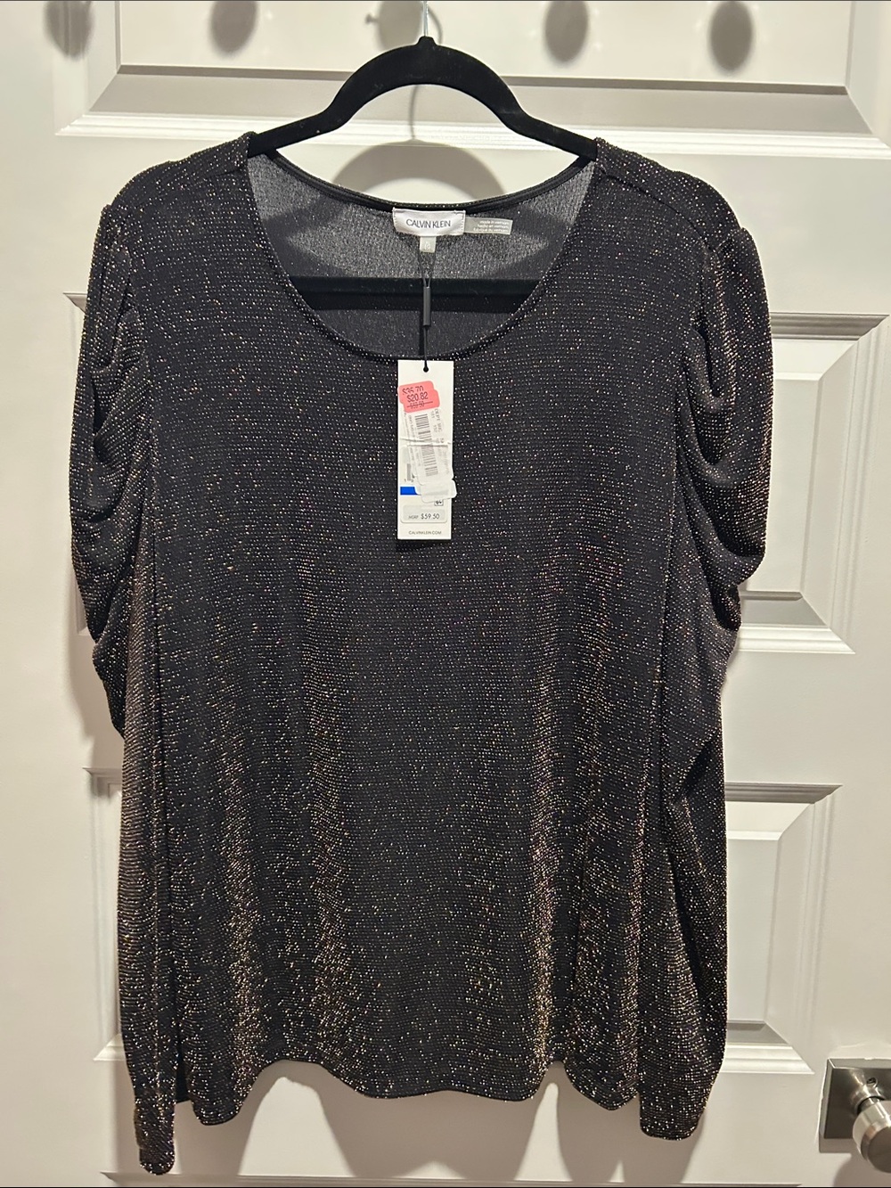 Calvin Klein Black Metallic Ruched-Sleeve Blouse